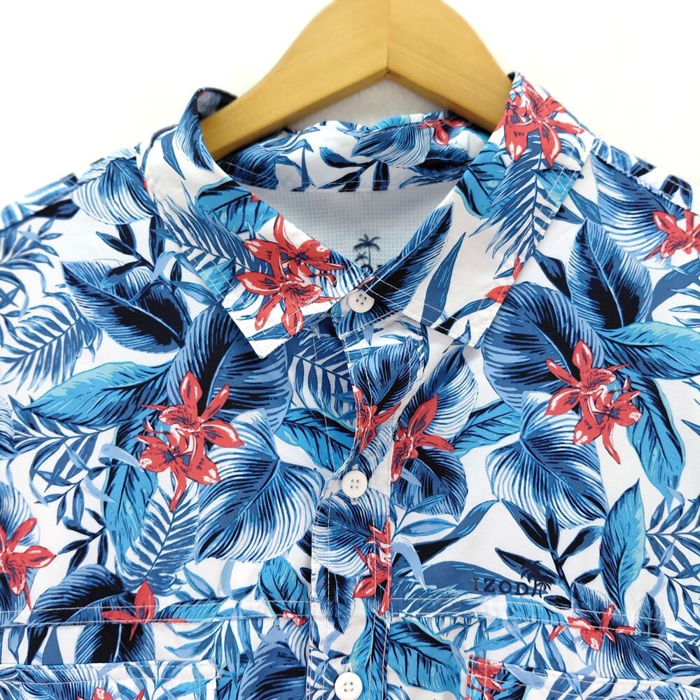 IZOD Saltwater Hawaiian Shirt Mens XL Tall Blue Floral Short Sleeve Graphic AOP - Picture 3 of 10
